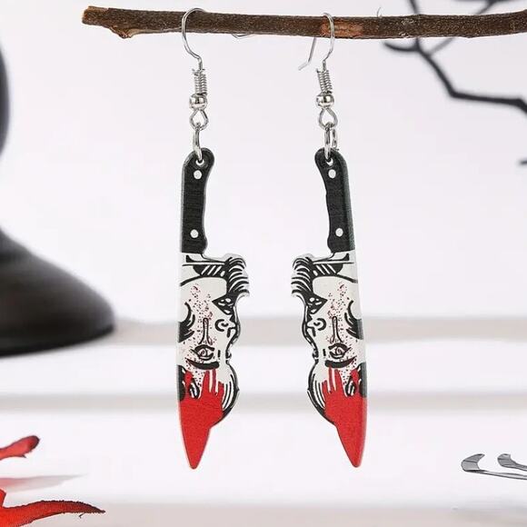 🌷5 For $15🌷 Goth Bloody Knife Stabby Lady Head - Acrylic Dangle Earrings - Picture 2 of 3